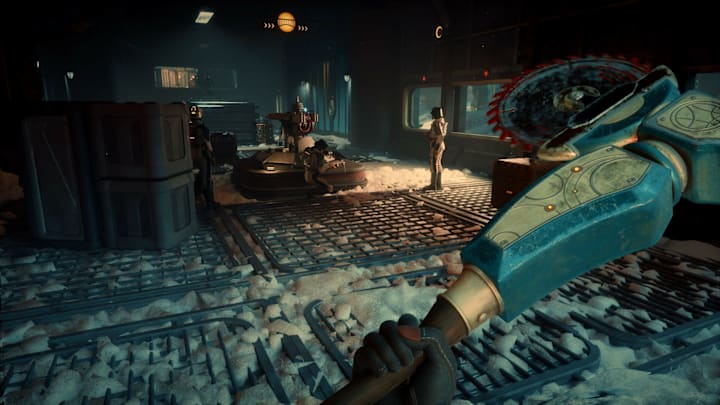 Holding a device with a buzzsaw on the end.