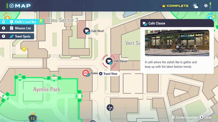 A map showing the location of Cafe Classe in Lumiose City