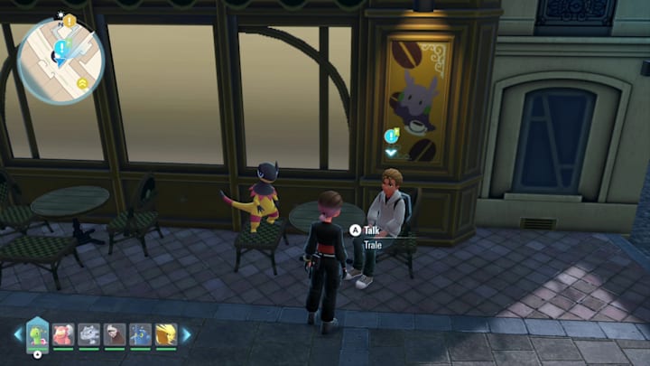 Trale and his Heliolisk seated at a cafe in Lumiose