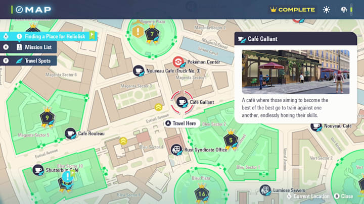 A map of Lumiose showing the location of Cafe Gallant