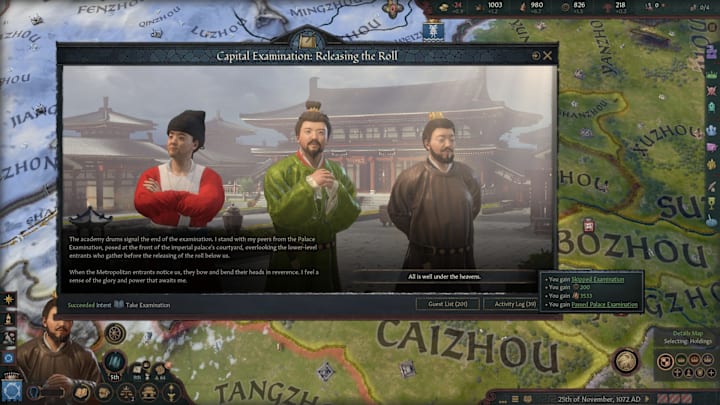 CK3 All Under Heaven screenshot showing a successful Palace Examination.