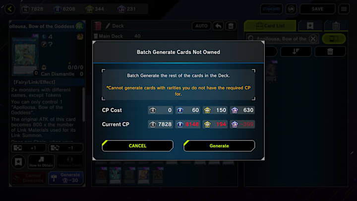 The cost screen of a Master Duel Maliss deck