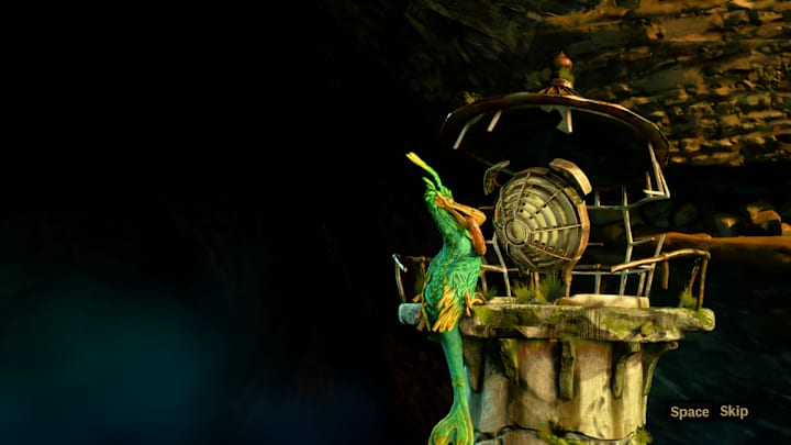 A bird looking at the top of a lighthouse.