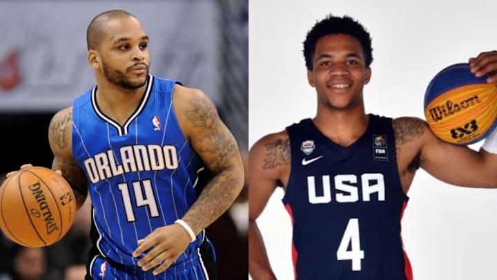 Former Orlando Magic guard Jameer Nelson (left) and USA Basketball U23 3x3 Men's National Team player Jameer Nelson Jr. (right). Nelson Jr. is the son of Nelson.