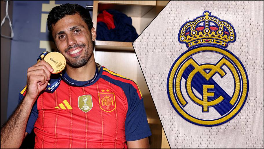Rodri (left) and Real Madrid badge.