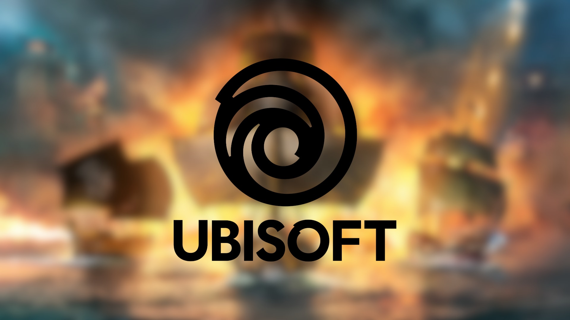 Ubisoft logo in black on top of blurred pirate ships doing battle at sea.