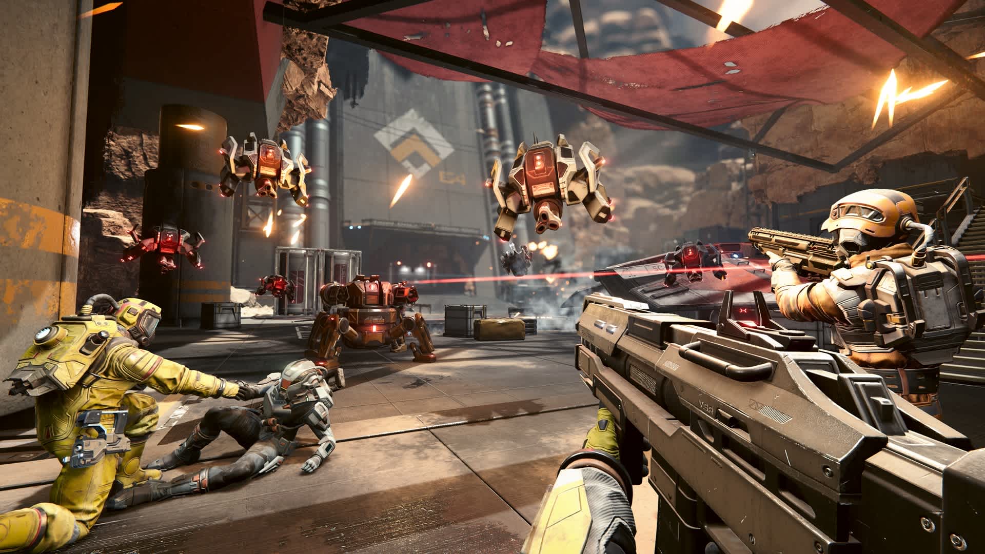 Jump Ship screenshot showing a battle on the ground between sci-fi soldiers and drones.