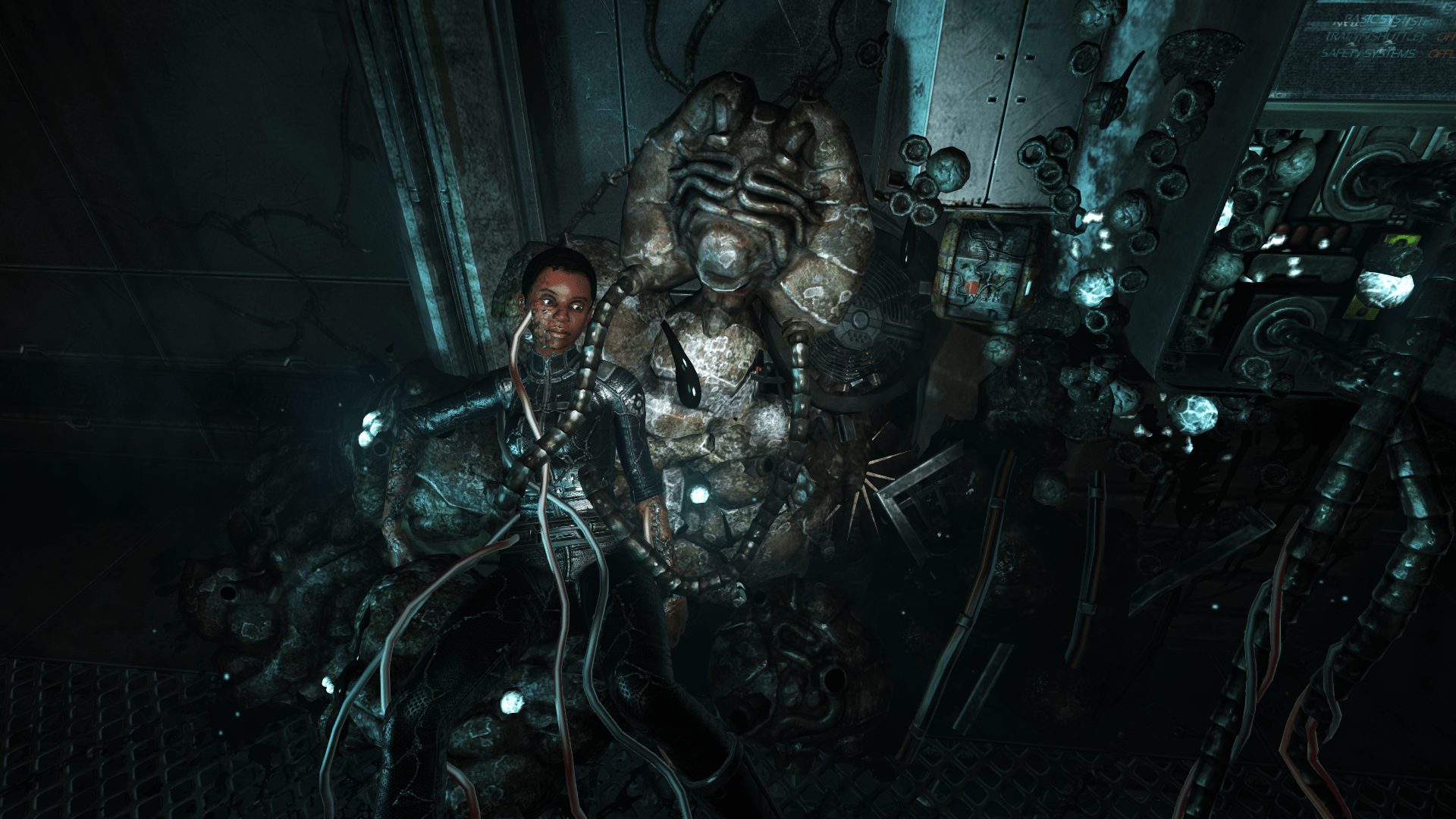Screenshot from Soma showing a human connected to a machine via cable.