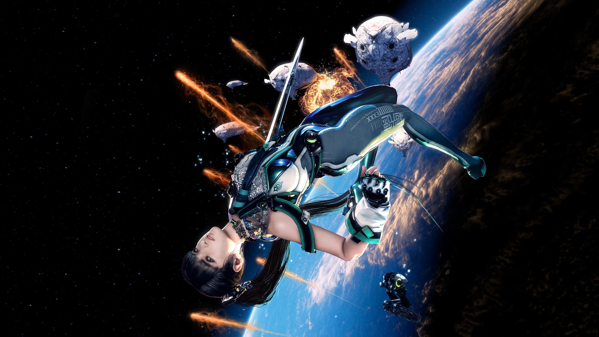 Stellar Blade artwork showing an attractive Asian woman floating in space.