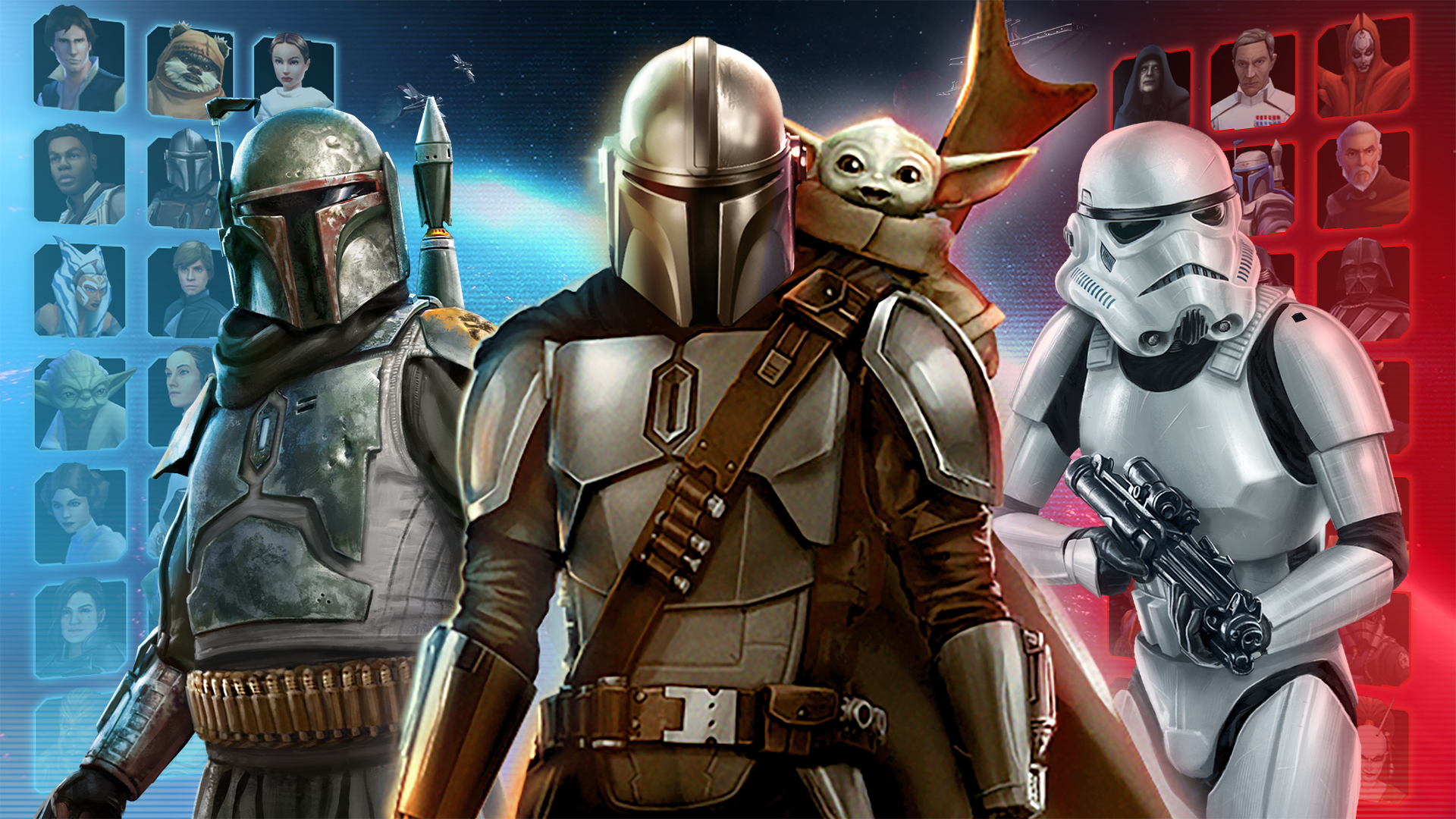 Star Wars: Galaxy of Heroes poster showing Boba Fett, Dinn Djarin, Grogu, and a Stormtrooper.