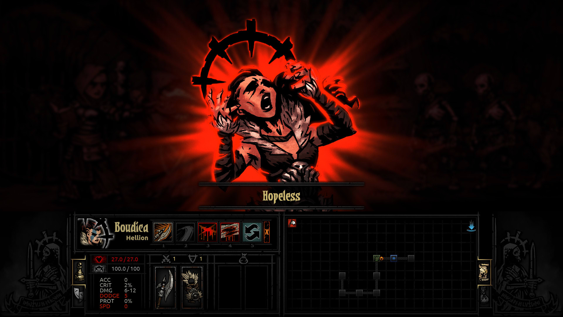 Darkest Dungeon screenshot of a character losing their sanity.