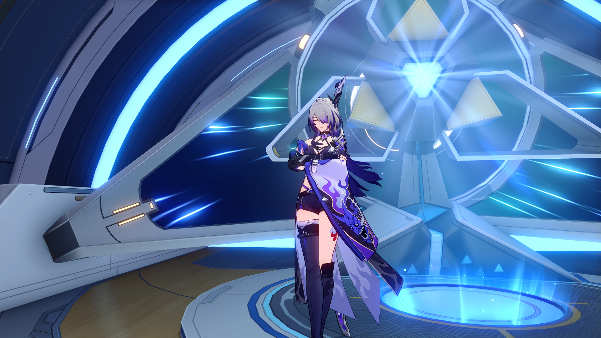 Honkai: Star Rail screenshot showing Acheron relaxing in front of the Simulated Universe entrance.