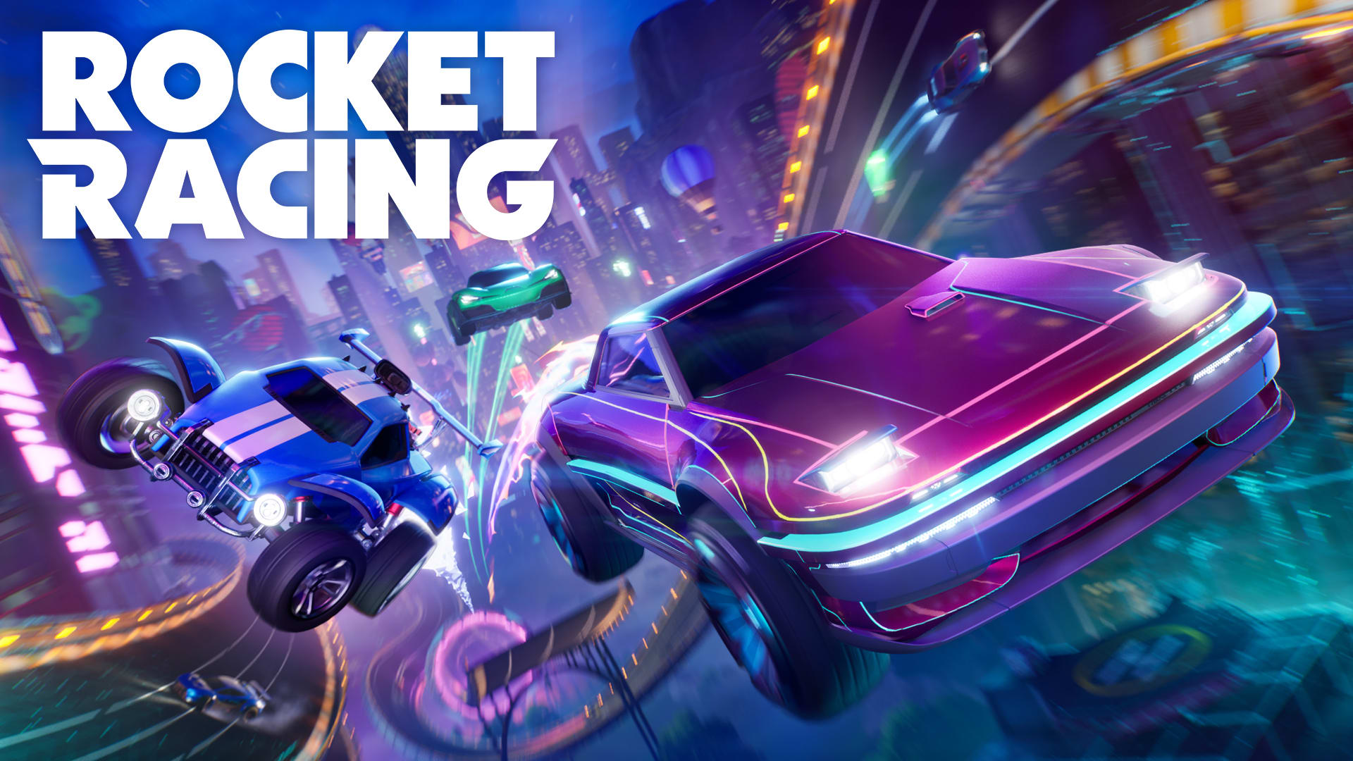 Fortnite Rocket Racing Neon Rush poster showing cars flying through a neon-lit cityscape.