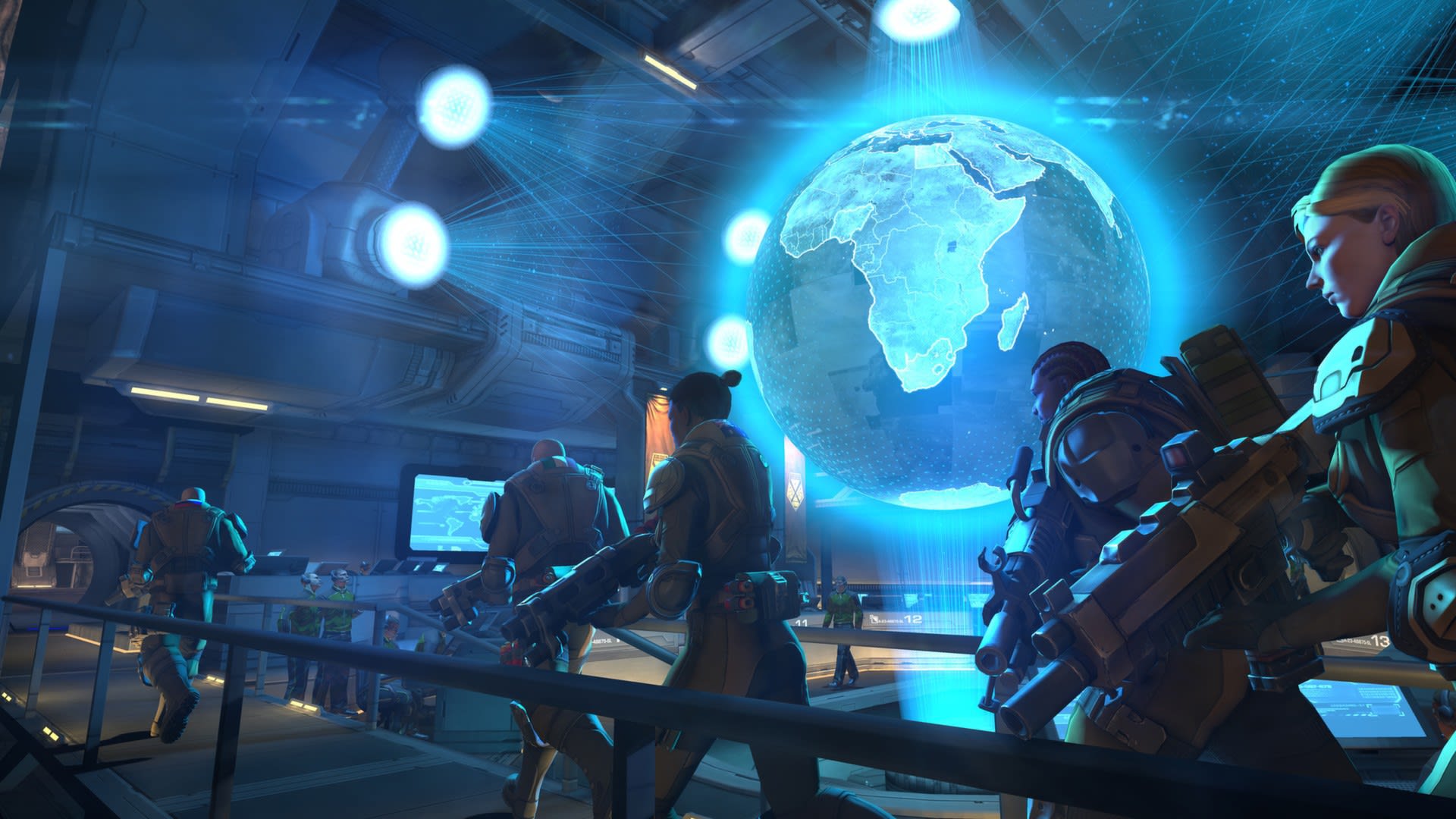 XCOM: Enemy Unknown screenshot showing soldiers walking through a command center.