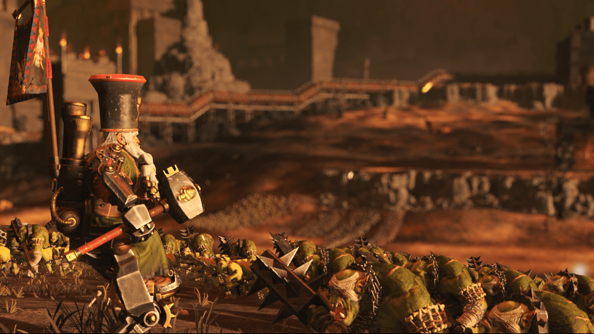 Total War: Warhammer 3 screenshot of Astragoth Ironhand leading a Chaos Dwarf army.