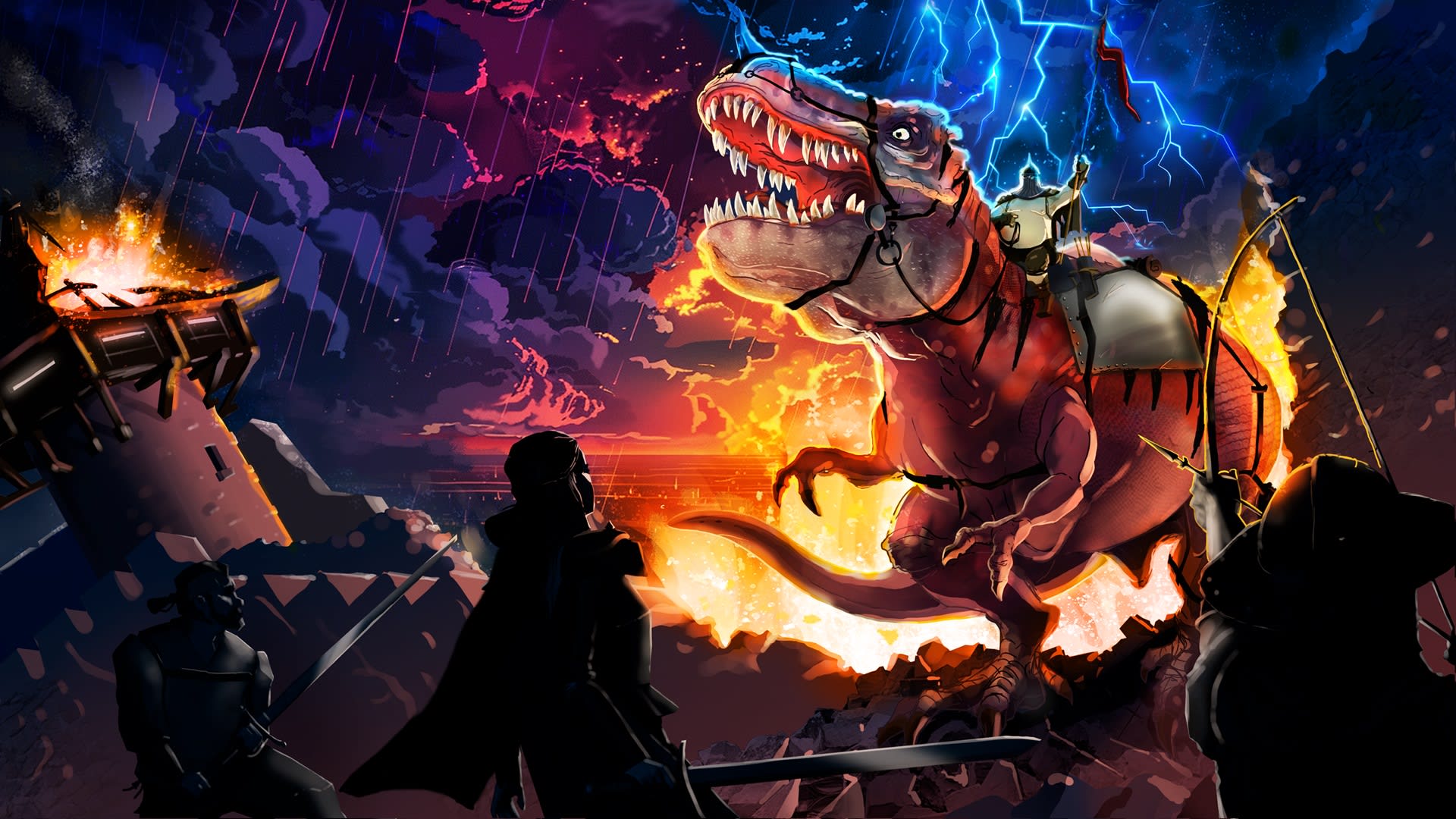 Dinolords poster showing a heavy metal inspired scene with a viking riding on a t-rex.