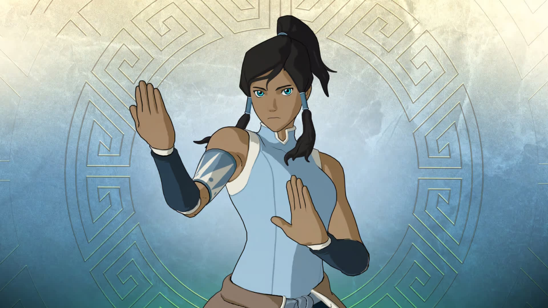 Avatar's Korra, with her right hand facing in and left hand facing out, against a blue stone wall