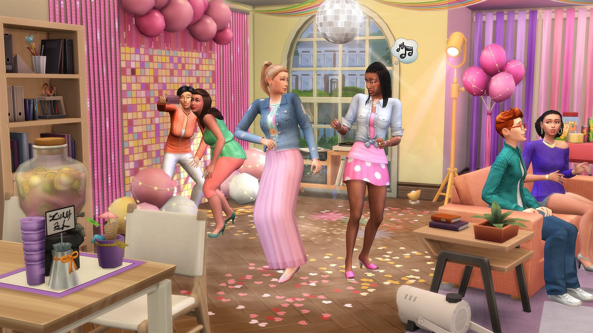 A group of Sims 4 Sims partying in a house decorated with pink party favors