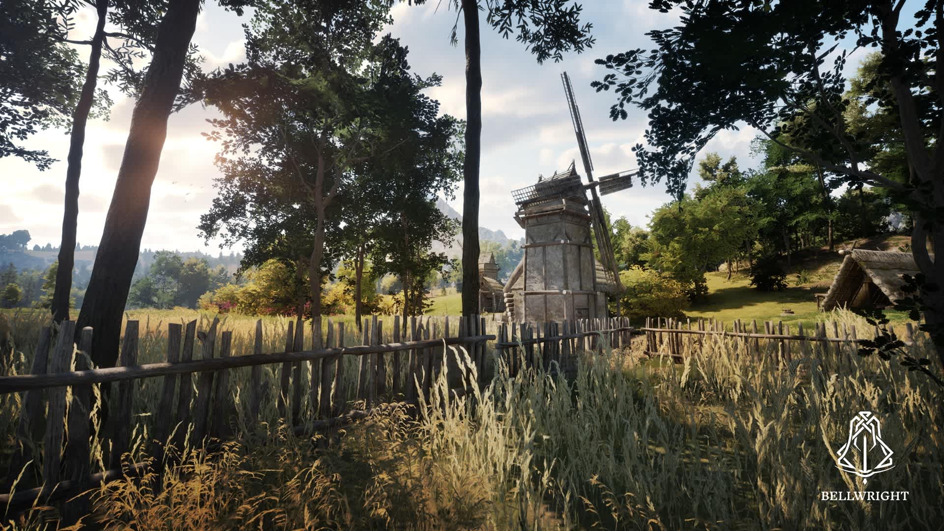 Bellwright screenshot of a farm with a windmill.