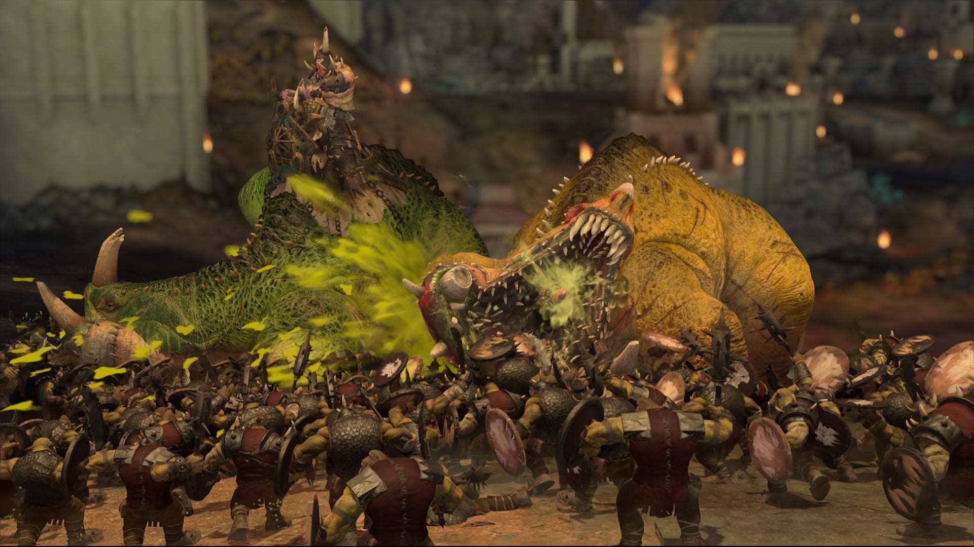 Total War: Warhammer 3 Thrones of Decay screenshot of Toad Dragons eating orcs.