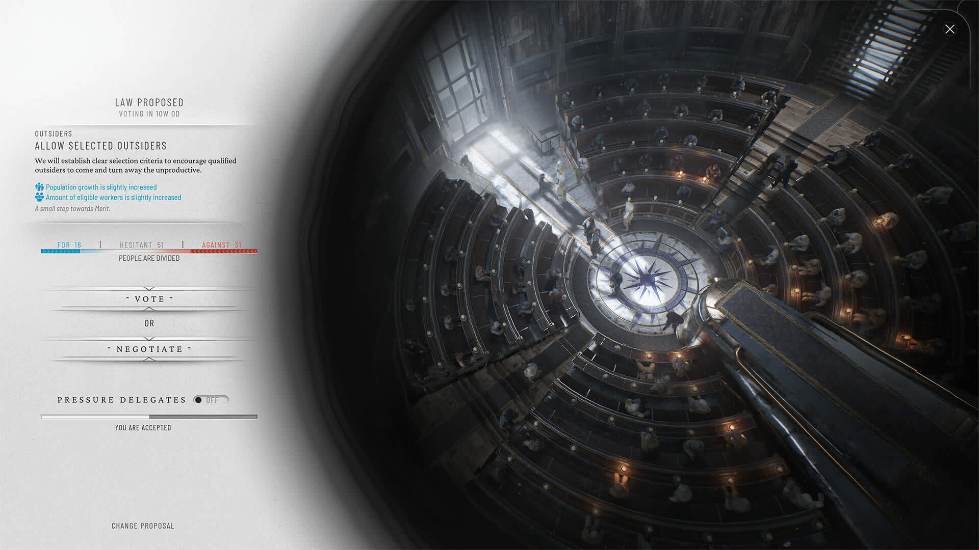 Frostpunk 2 screenshot showing a political assembly.