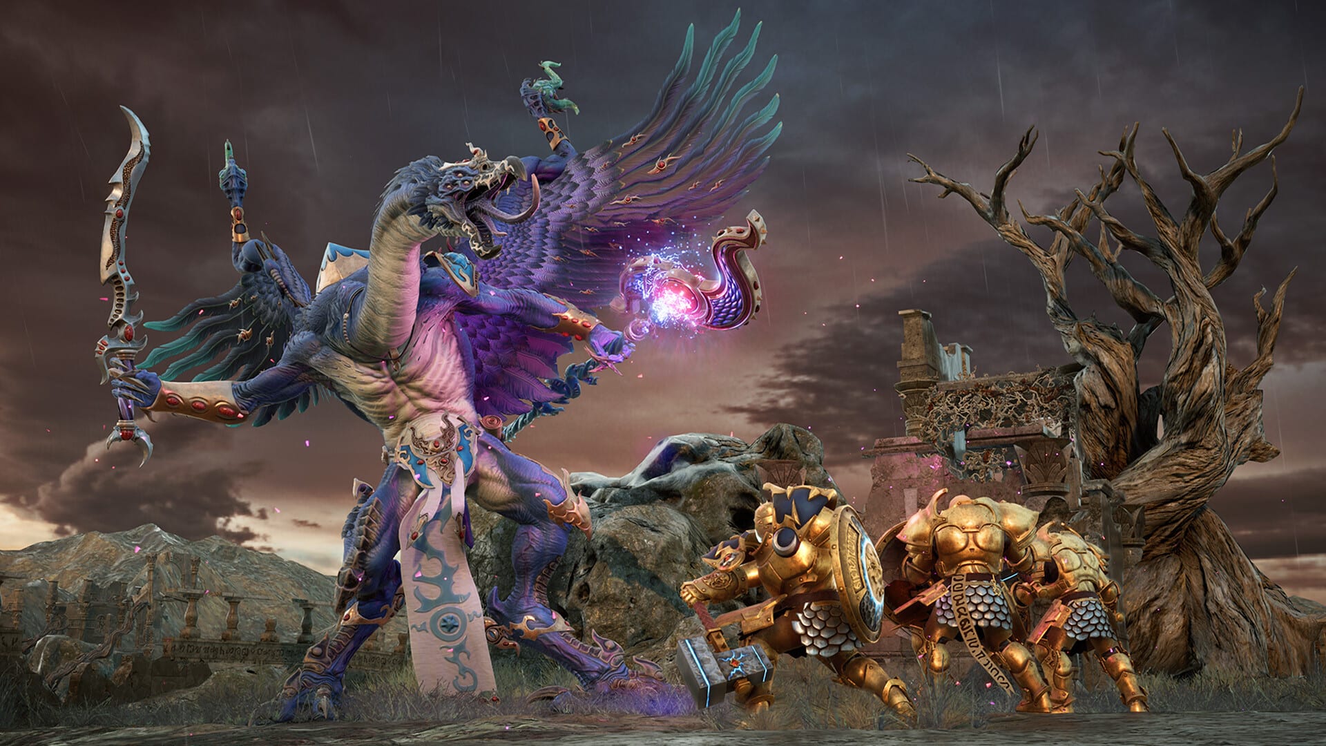 Screenshot from Warhammer: Age of Sigmar - Realms of Ruin showing a Daemon of Tzeentch fighting human soldiers.