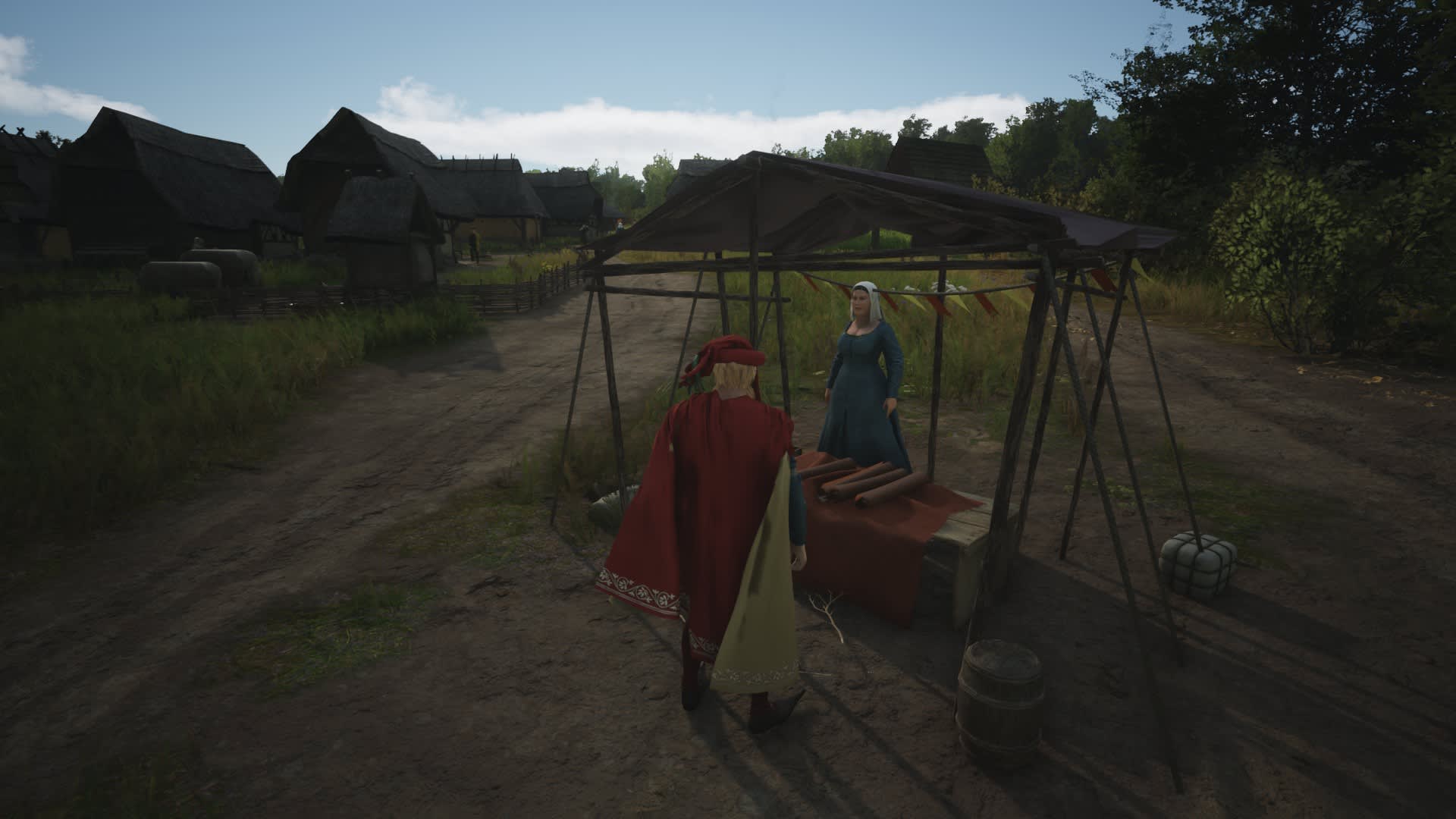 Manor Lords screenshot of a lord visiting a market stall.