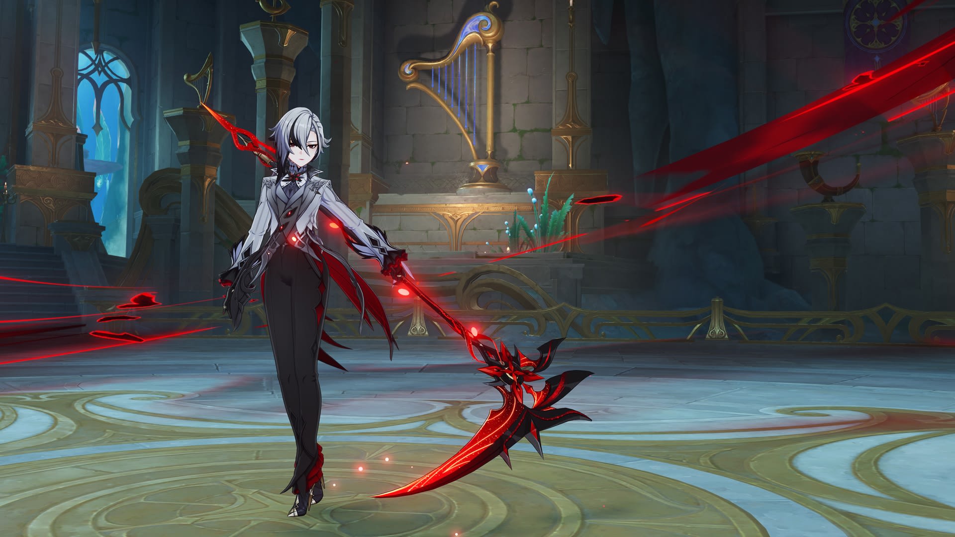 Genshin Impact screenshot of Arlecchino holding a scythe.