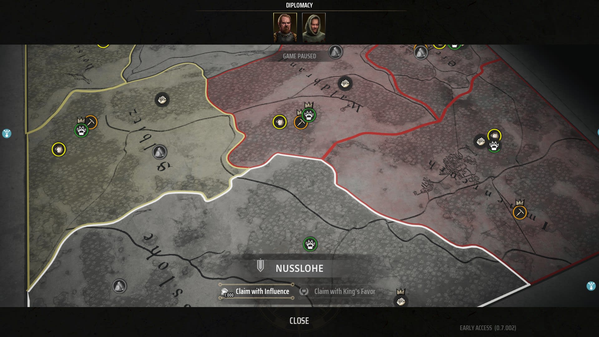Manor Lords screenshot of a regional map and the claiming UI.