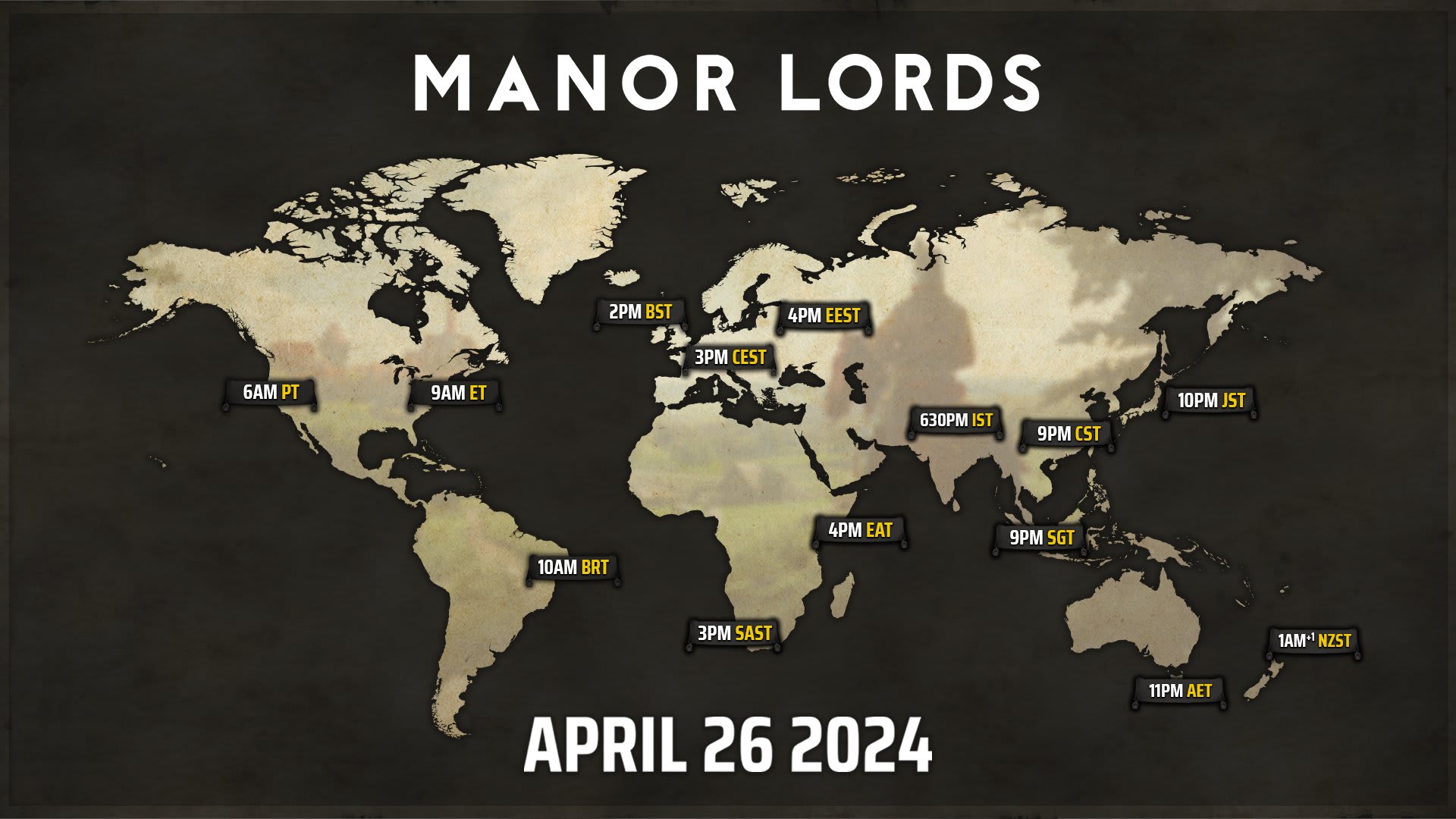 Manor Lords release times depicted on a map of the world.