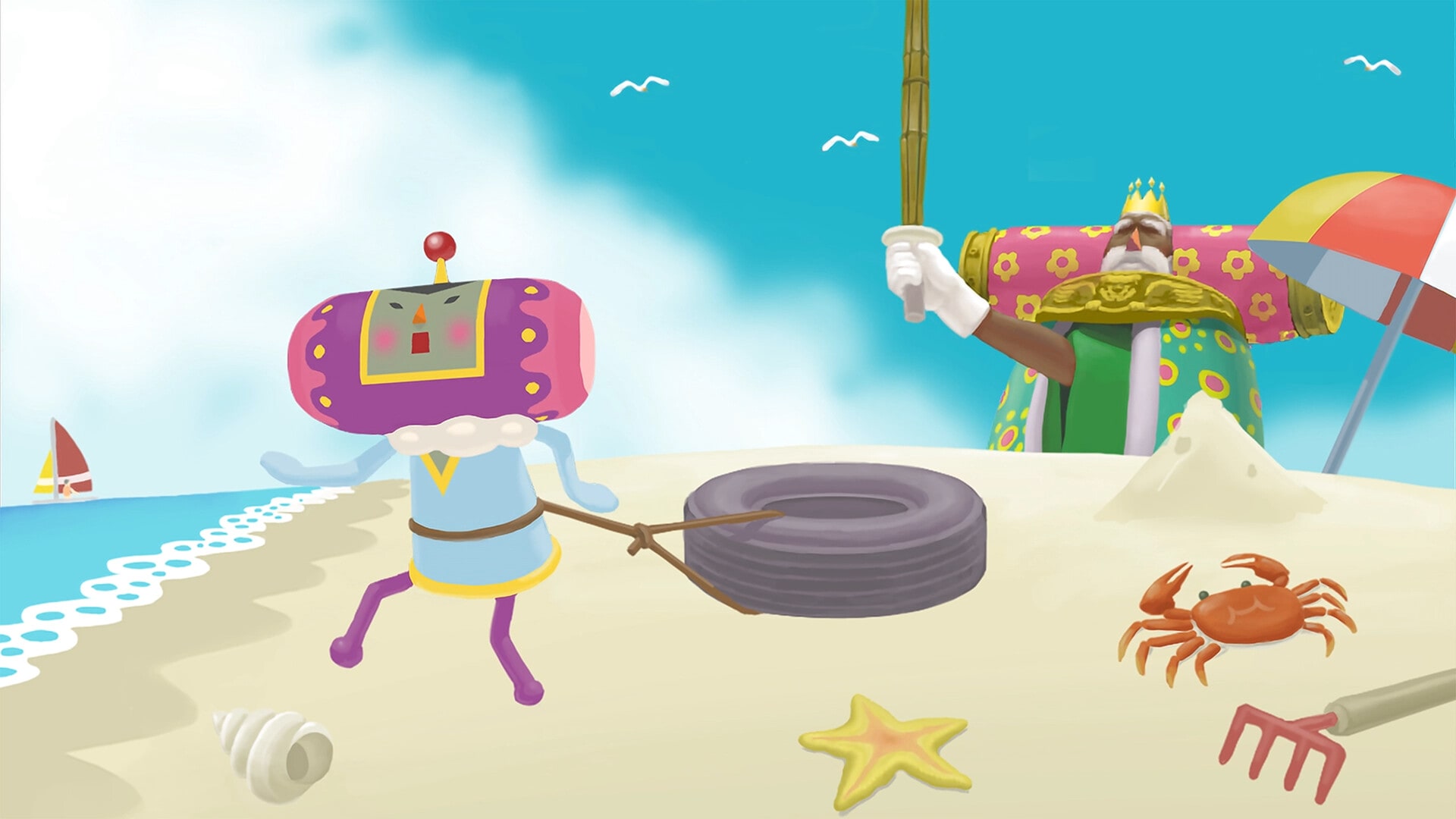 A Katamari character pulling a tire across a sandy beach