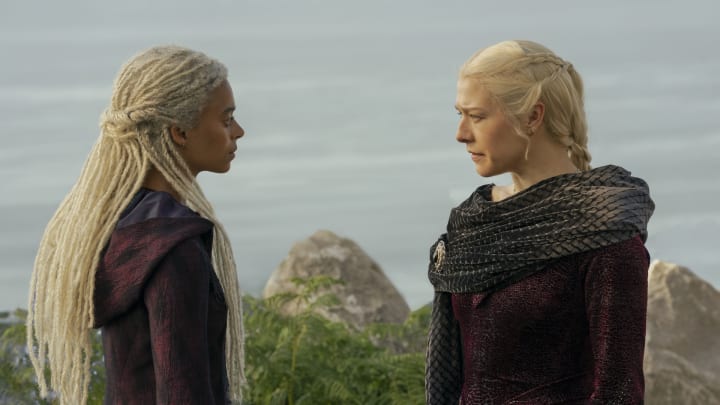 Phoebe Campbell as Rhaena and Emma D'Arcy as Rhaenyra in House of the Dragon season 2 episode 3