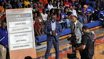Shannon Sharpe, left, and Stephen A. Smith during the broadcast of \"First Take\" at Savannah State Monday.
