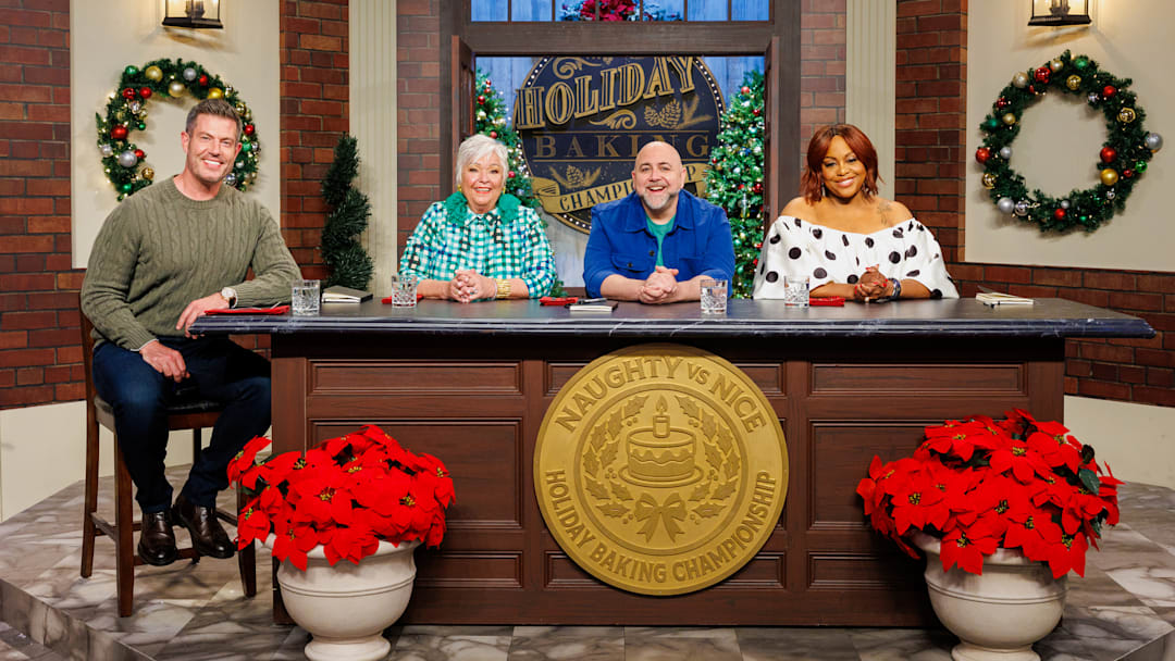 Host Jesse Palmer, Judges Nancy Fuller, Duff Goldman and Kardea Brown, portrait , as seen on Holiday Baking Championship, Season 12.