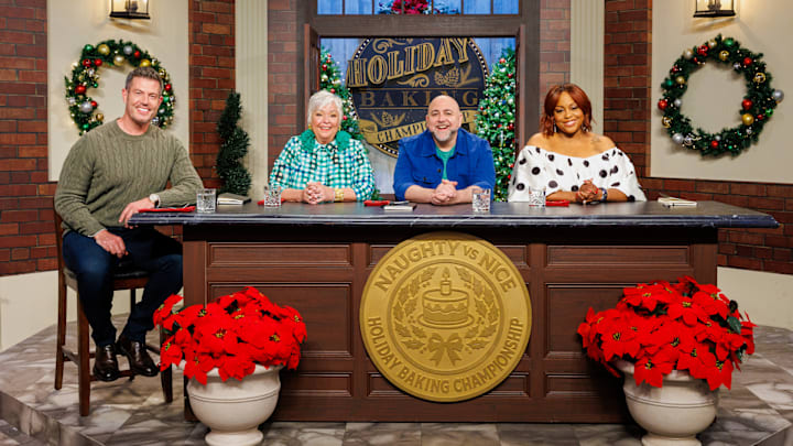 Host Jesse Palmer, Judges Nancy Fuller, Duff Goldman and Kardea Brown, portrait , as seen on Holiday Baking Championship, Season 12.