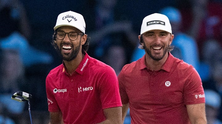Akshay Bhatia and Max Homa of Jupiter Links during a TGL match at SoFi Center
