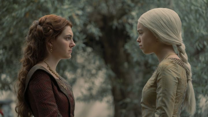 Emily Carey as Young Alicent Hightower and Milly Alcock as Young Rhaenyra Targaryen in House of the Dragon season 1 episode 4