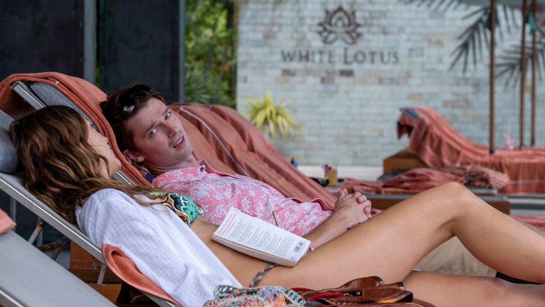 Aimee Lou Wood and Patrick Schwarzenegger in The White Lotus season 3 on HBO