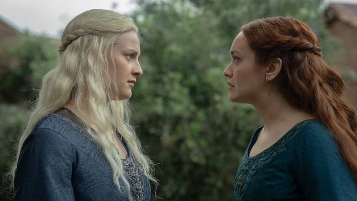 Phia Saban as Helaena Targaryen and Olivia Cooke as Alicent Hightower in House of the Dragon season 3 episode 5. 