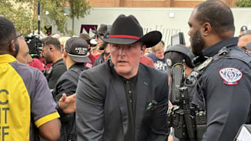 ESPN's Pat McAfee arrives on the set of College GameDay in Norman on Saturday.