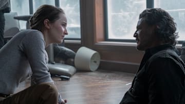 Kaitlyn Dever (Abby) and Pedro Pascal (Joel) in The Last of Us season 2. Photograph by Liane Hentscher/HBO.