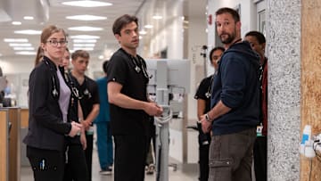 (L to R): Taylor Dearden as Dr. King, Patrick Ball as Dr. Langdon, and Noah Wyle as Dr. Robby on The Pitt. Credit: Getty Images