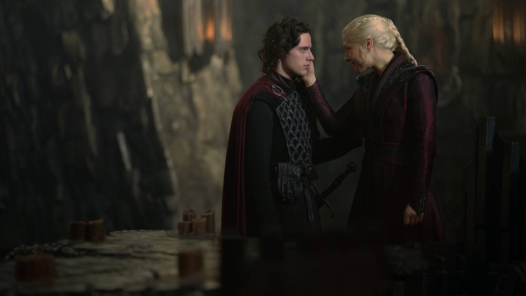 Harry Collett (Jacaerys Velaryon) and Emma D'Arcy (Rhaenyra Targaryen) in House of the Dragon season 3. Photograph by Ollie Upton/HBO. Harry Collett (Jacaerys Velaryon) and Emma D'Arcy (Rhaenyra Targaryen) in House of the Dragon season 3. Photograph by Ollie Upton/HBO.