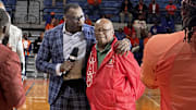 Former NFL star and ESPN analyst Shannon Sharpe with his Glennville High School football coach William Hall at Savannah State