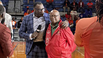 Former NFL star and ESPN analyst Shannon Sharpe with his Glennville High School football coach William Hall at Savannah State