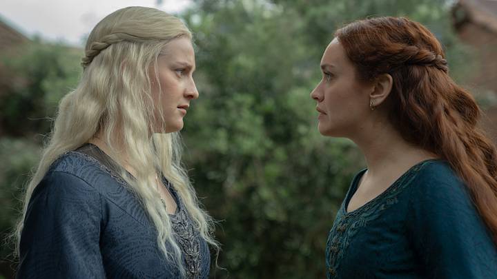 Phia Saban as Helaena Targaryen and Olivia Cooke as Alicent Hightower in House of the Dragon season 3 episode 5. 