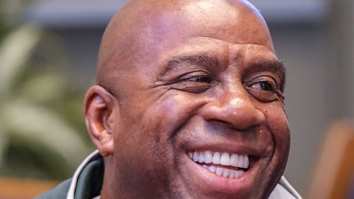 Earvin \"Magic\" Johnson speaks to the media, flashing the well-known smile throughout day. Johnson was in Lansing to help with his Earvin \"Magic\" Johnson's Holiday Hope for Families event that served 800 needy families Saturday, Nov. 11, 2023.