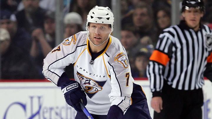 Dec 1, 2008; Buffalo, NY, USA; Nashville Predators defenseman Greg de Vries (7) against the Buffalo Sabres at the HSBC Arena. Mandatory Credit: Kevin Hoffman-USA TODAY Sports Dec 1, 2008; Buffalo, NY, USA; Nashville Predators defenseman Greg de Vries (7) against the Buffalo Sabres at the HSBC Arena. Mandatory Credit: Kevin Hoffman-USA TODAY Sports
