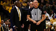 March 8, 2025; Columbia, Missouri, USA; Missouri Tigers head coach Dennis Gates addresses an official while playing the Kentucky Wildcats Mizzou Arena.