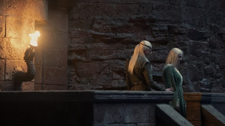 Ewan Mitchell as Aemond Targaryen and Phia Saban as Helaena Targaryen in House of the Dragon season 2 episode 8